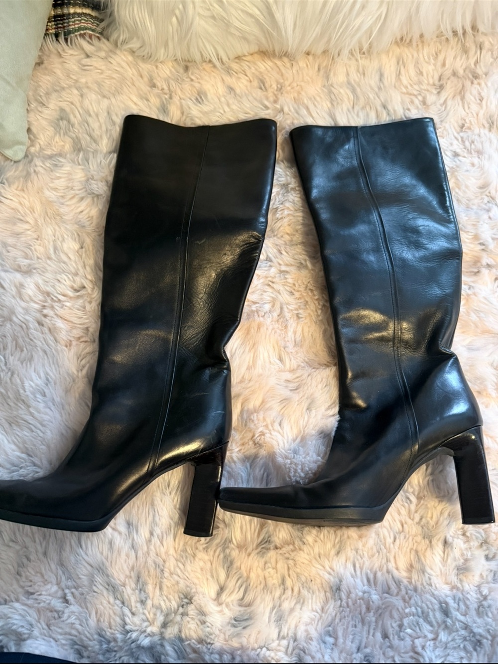 PRADA Women's Black Leather Knee High Zip Boots Square Toe Block Heel Sz 37.5